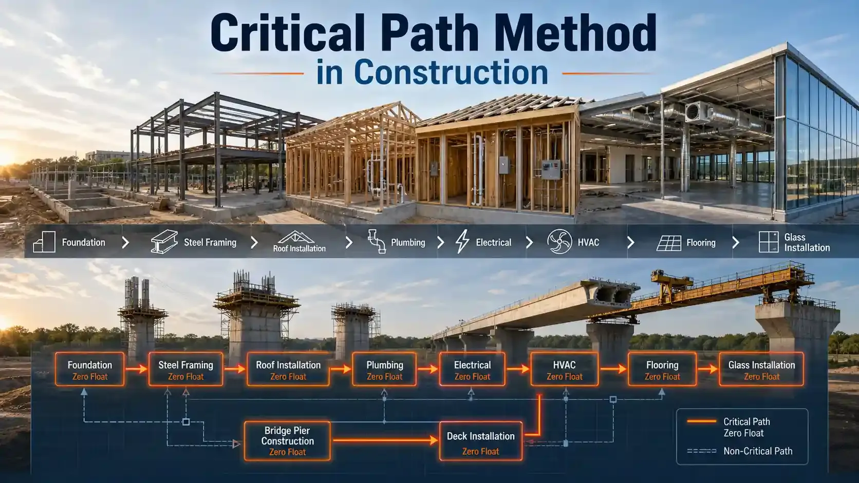 Realistic construction scene illustrating critical path and task dependencies 